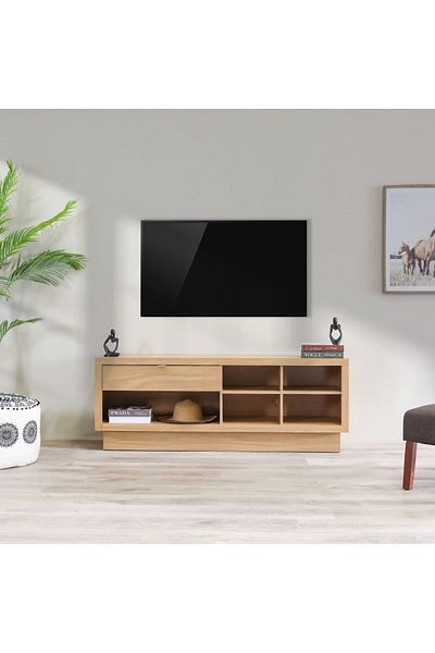 Danube Home رف تلفزيون أزرق للأجهزة حتى 65 بوصة مع مساحة تخزين - طبيعي، الطول 160 سم × العرض 40 سم × الارتفاع 60 سم