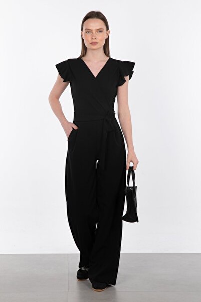 BARRELS AND OIL Double Breasted Collar Belted Jumpsuit - Black