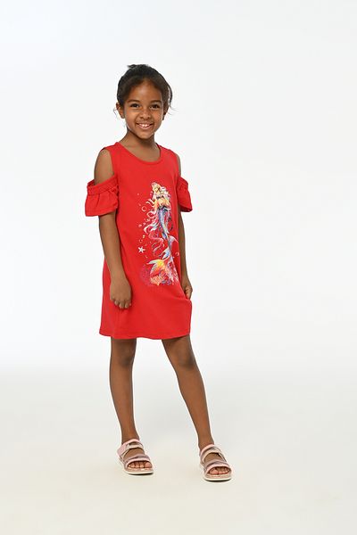 LupiaKids Mermaid Printed Girl's Dress - Red Shoulder Detailed Summer Comfortable Dress
