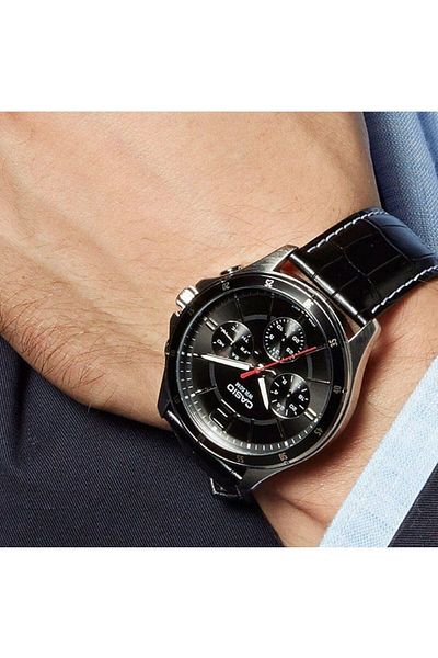 Casio كاسيو ساعة يد كوارتز بعقارب وسوار من الجلد طراز MTP-1374L-1AVDF - 44 مم - أسود