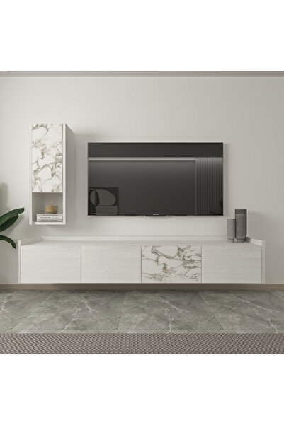 İNARCH DİZAYN T007 Duvara Monte, Raflı Tv Ünitesi Ahşap Beyaz/Mermer
