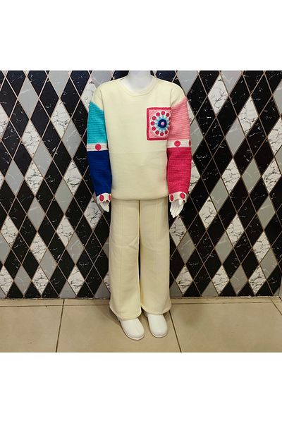 Mercan Children's Clothing Ecru Girls' Suit with Embroidered Sleeves