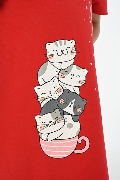 LupiaKids Cat Printed Girl's Dress - Red Shoulder Detailed Summer Comfortable Dress