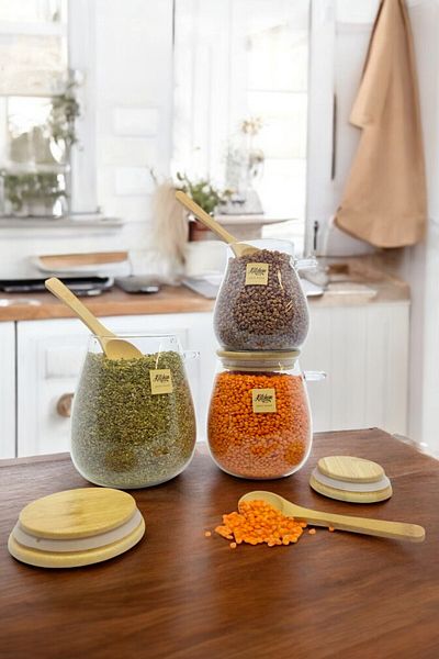 Kitchen Way Bamboo Spoon - Set of 3 Glass Jars with Seal Lid Kw-389 Series