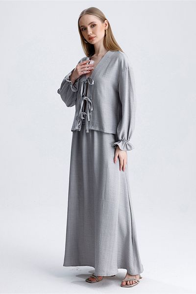 MD trend Women's Elastic Waist Pocket Bell Skirt and Tie-Up Blouse Double Linen Set