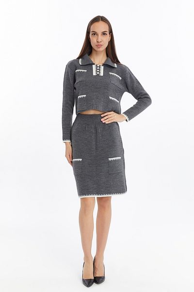 CNR TEKSTİL Collar and Pocket Patterned Short Sweater Skirt Suit