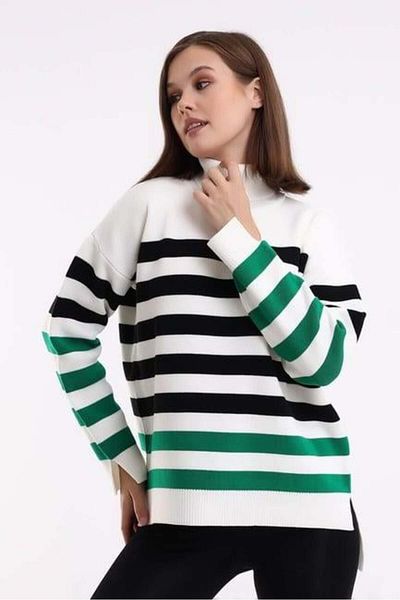 Irmak Kerekli Women's Ecru-Black-Green Striped Turtleneck Knitwear Tunic 1416