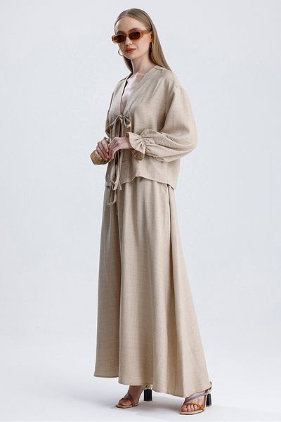 MD trend Women's Elastic Waist Pocket Bell Skirt and Tie-Up Blouse Double Linen Set