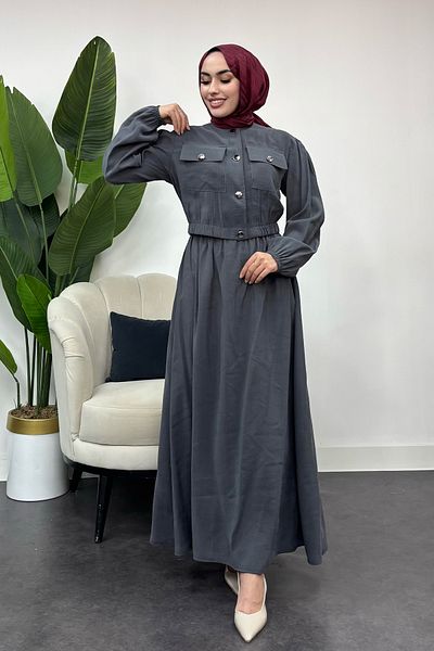 Tesettür Diyarı Women's Button Detailed Two-Piece Suit - Anthracite