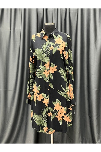 MODA Siyah Çiçek Desenli Viskon Battal Boy Tunik