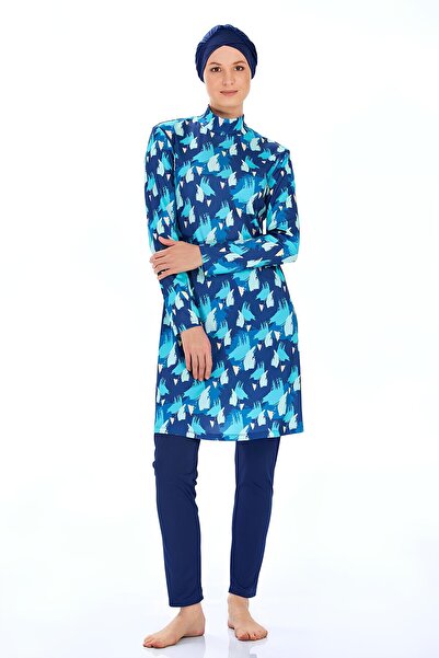 Elit Mavi Lacivert Desen Likralı Tam Kapalı Tesettür Mayo 9203