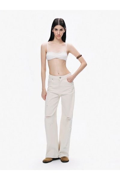 Nocturne Women's Regular Fit Wide Leg Detail Wide Leg Ecru Jeans