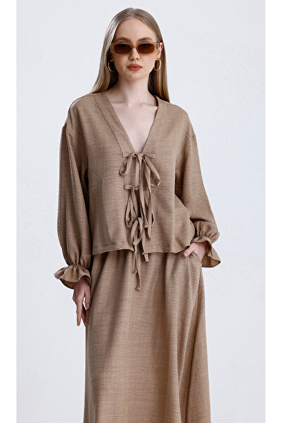 MD trend Women's Elastic Waist Pocket Bell Skirt and Tie-Up Blouse Double Linen Set