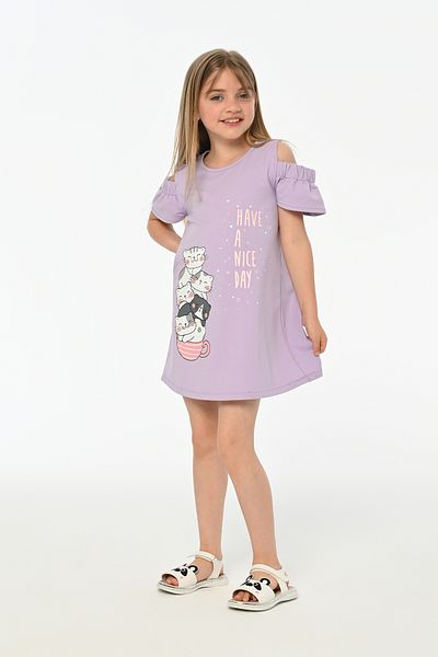 LupiaKids Cat Printed Girl's Dress - 100% Cotton - Lilac Short Sleeve Summer Dress