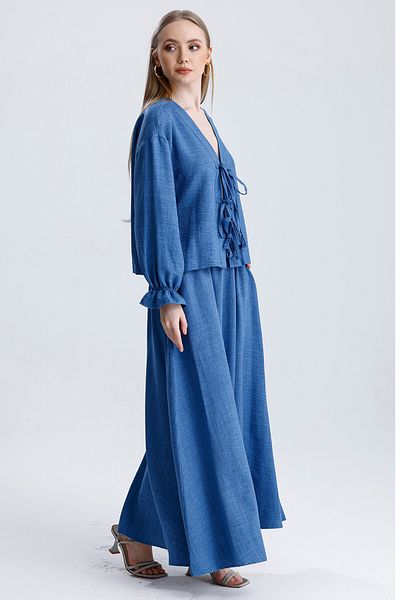 MD trend Women's Elastic Waist Pocket Bell Skirt and Tie-Up Blouse Double Linen Set