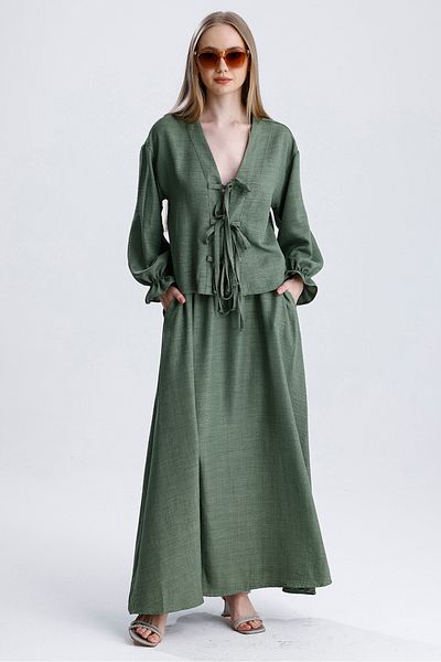 MD trend Women's Elastic Waist Pocket Bell Skirt and Tie-Up Blouse Double Linen Set