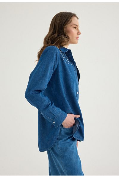 Masha Kate Cămașă din denim cu decorațiuni de piatră