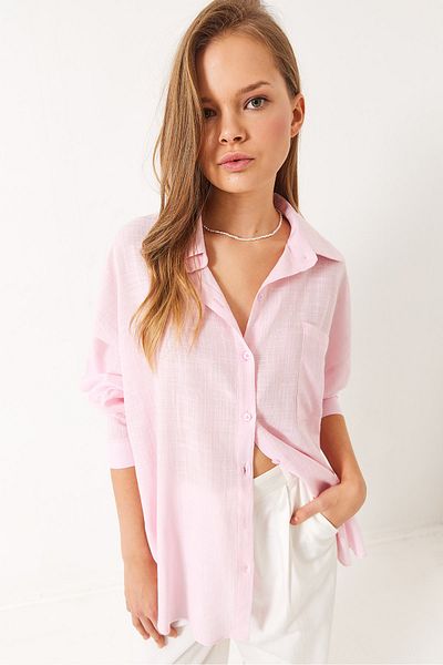 Bianco Lucci Women's Single Pocket Cotton Viscose Oversize Basic Shirt 4756 60261396