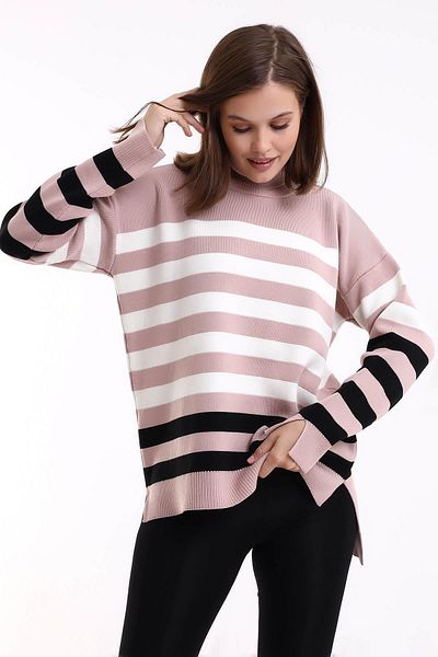 Irmak Kerekli Pink-Ecru Black Striped Women's Knitwear Tunic 1416