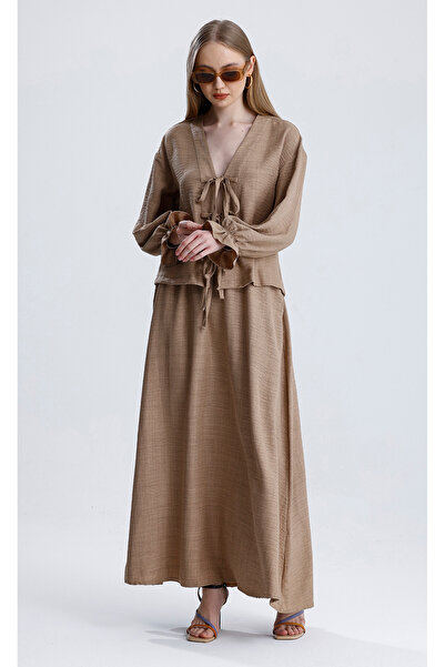 MD trend Women's Elastic Waist Pocket Bell Skirt and Tie-Up Blouse Double Linen Set