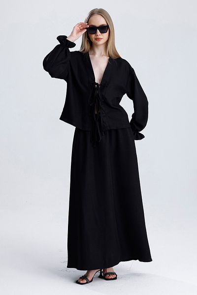 MD trend Women's Elastic Waist Pocket Bell Skirt and Tie-Up Blouse Double Linen Set