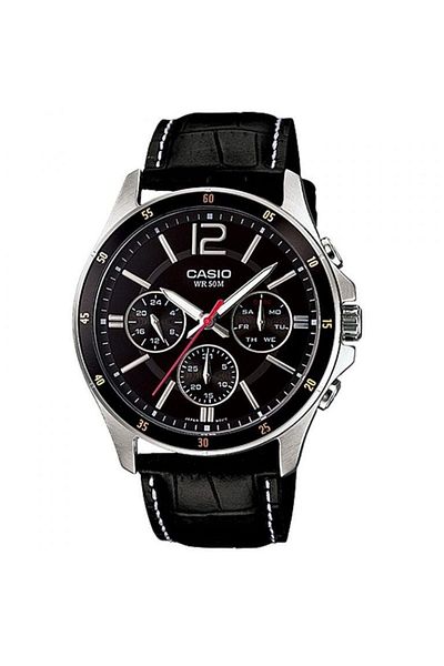 Casio كاسيو ساعة يد كوارتز بعقارب وسوار من الجلد طراز MTP-1374L-1AVDF - 44 مم - أسود