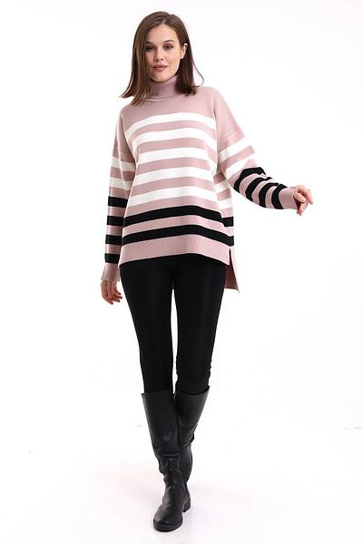 Irmak Kerekli Pink-Ecru Black Striped Women's Knitwear Tunic 1416