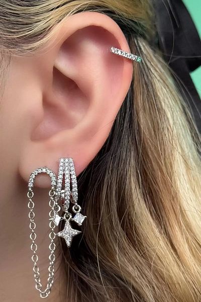 CAŞ DEKORASYON Silver Color Star Figured Stone 3-Piece Earring Set
