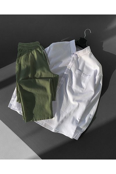 NO1 KONSEPT Oversize Linen White Shirt Khaki Trousers Set