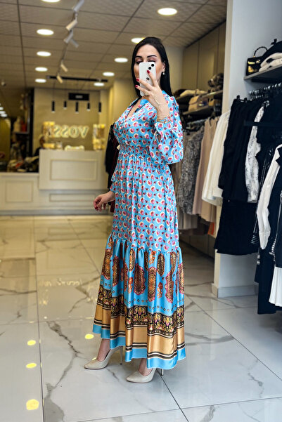 Vosse Mavi Desenli Saten Elbise