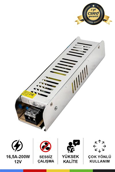 CSled 12V 16,5 Amper 200 Watt Metal Dar Kasa Fansız Adaptör – Sessiz ve Güçlü...