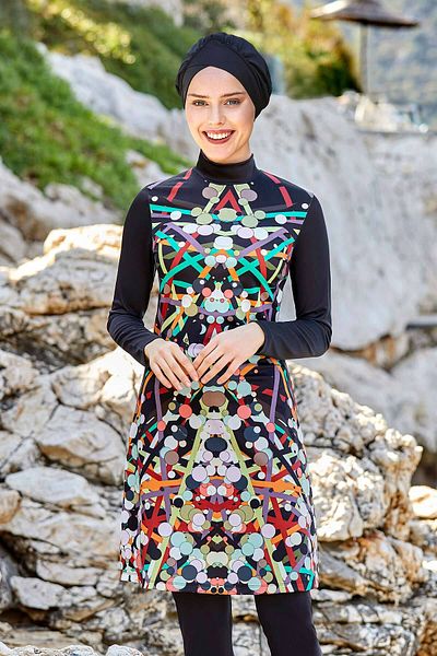 Elit Black Color Mixed Pattern Lycra Full Covered Hijab Swimsuit with Long Sleeve Tights