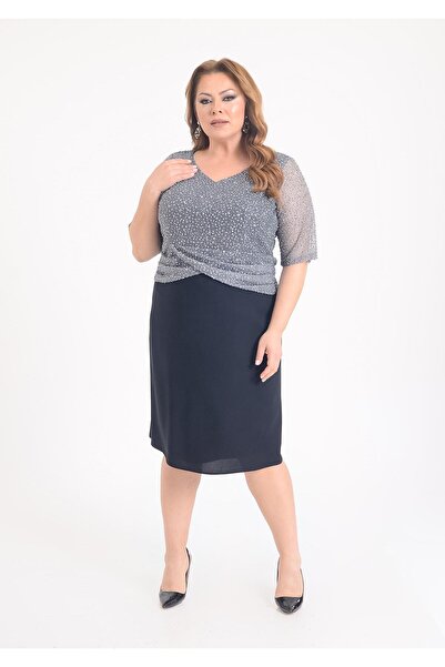 LİLAS XXL Büyük Beden Gri Renkli V Yaka Kısa Abiye Elbise