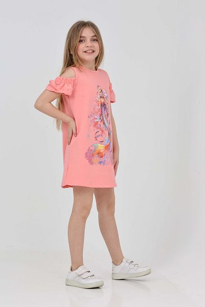 LupiaKids Mermaid Printed Girl's Dress - Pink Shoulder Detailed Summer Comfortable Dress
