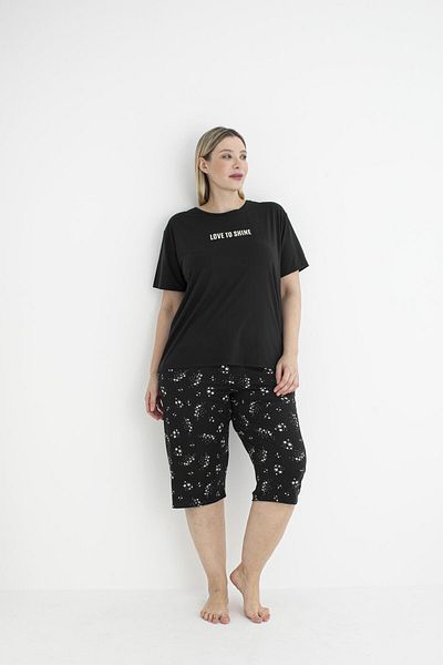 Estiva Women's Summer Star Patterned Short Sleeve Capri Soft Oversize Pajama Set - Black