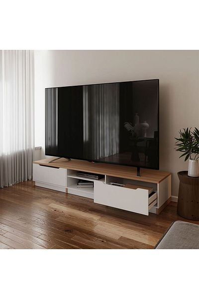Danube Home وحدة تلفزيون كبيرة من رويان مع درجين حتى 98 بوصة - بني فاتح/أبيض، الطول 230 × العرض 55 × الارتفاع 43 سم