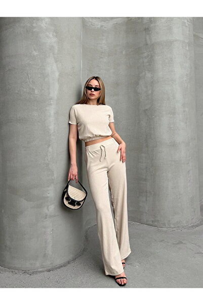 AFROGİYİM Women's Relaxed Fit Kimono Crop Bottom Top Set