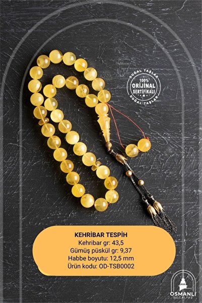 OSMANLI DOĞAL TAŞ Lale Motifli 12,5 Mm Küre Kesim Gold Kaplama Gümüş Kehribar...