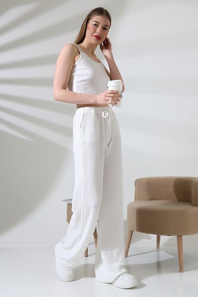 LITTLEMOON Jacquard Fabric Slim Waist Elastic Pocket Loose Loose Leg Pants
