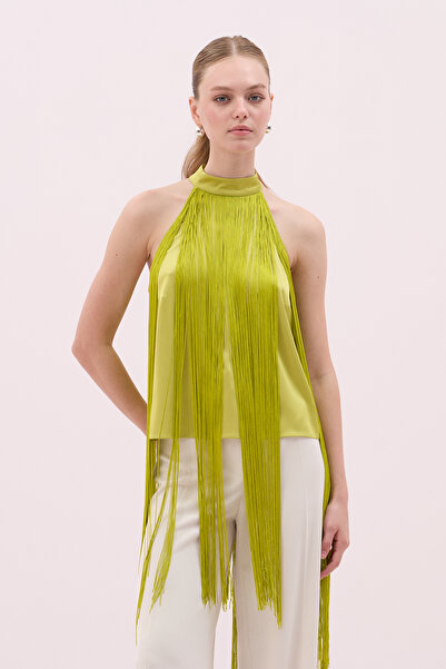 Roman Püsküllü Halter Yaka Krep Saten Bluz Yağ Yeşili Y2513040_298