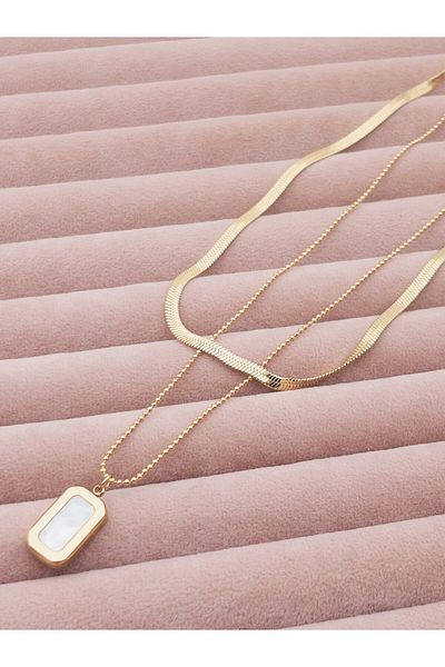 Siya Silver Double Italian Steel Necklace with Mother of Pearl Detail and Text on the Back
