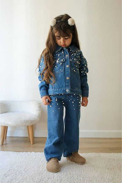 TİJK Girl's Pearl Embroidered Denim Jacket Suit