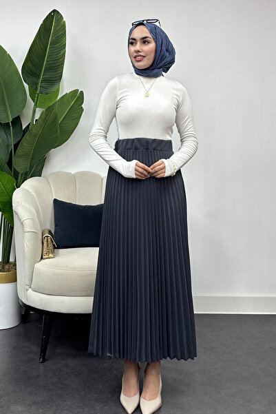 Tesettür Diyarı تنورة مطوي نسيج كريب المرأة الرمادية