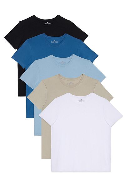 Tudors Unisex 5 Pack Μαύρο-Πέτρα-Μπλε-Ανοιχτό Μπλε-Λευκό Slim Fit Slim Fit 100% βαμβακερό μπλουζάκι με λαιμόκοψη