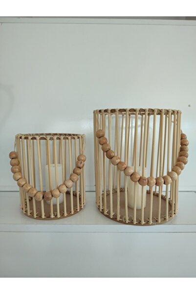 Sorgun Kadın Kooperatifi El Yapımı Bambu Fener Mumluk 2 li Set (25cm-19cm)