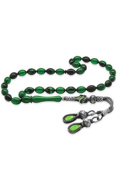 Tesbihane 1000 Sterling Silver Kazaz Tasseled Barley Cut Green-Black Fire Amber Prayer Beads