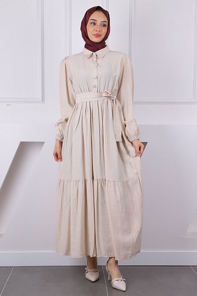 İmajButik Μπεζ φόρεμα με ελαστική μέση με ζώνη
