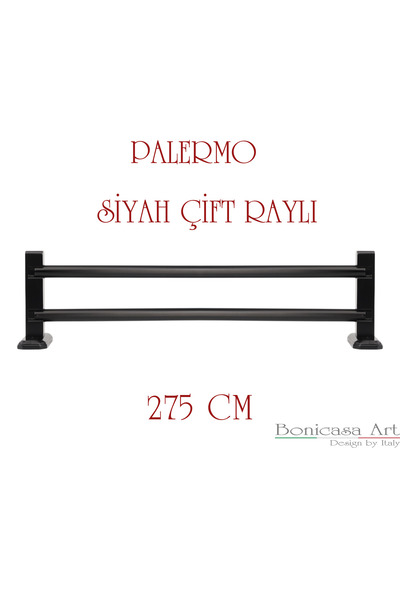 BonicasaArt Palermo Siyah Çift Raylı Ahşap Başlıklı Rustik Perde Askısı Çetra...