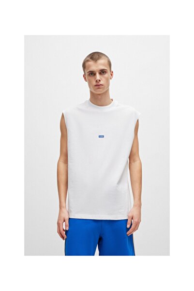 HUGO Mavi logolu etiketli kolsuz pamuk jarse tişört