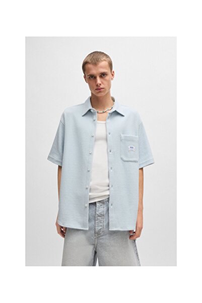 HUGO Waffle yapılı pamuk karışımlı kısa kollu gömlek